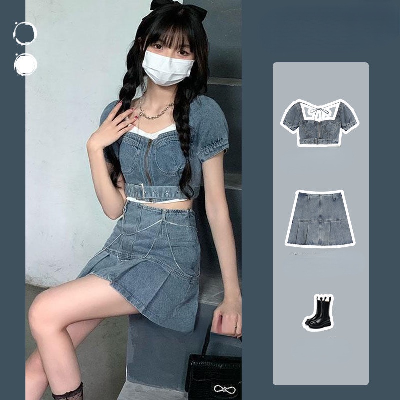 AMOI Bộ Áo Trễ Vai + Chân váy jean Lưng Cao Xếp Ly Thời Trang Cho Nữ