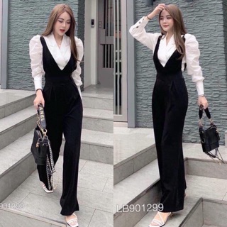 Set áo sơmi cổ vest tay dài phồng + quần dài yếm ống suông