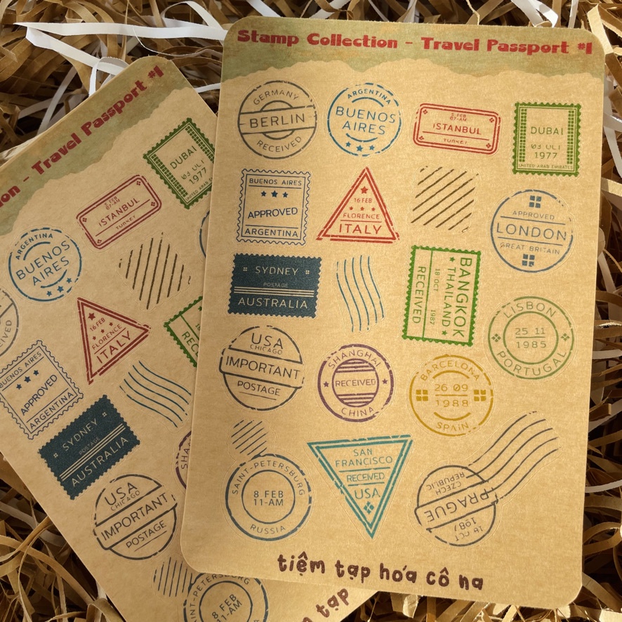 Sticker/hình dán tem du lịch giấy Kraft cổ điển/ vintage travel stamps - bullet journal,planner,sổ - tiemtaphoacona