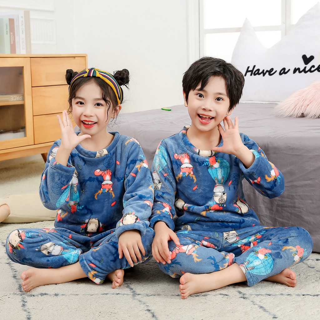 Bộ đồ ngủ flannel dày giữ ấm thời trang thu đông cho trẻ em