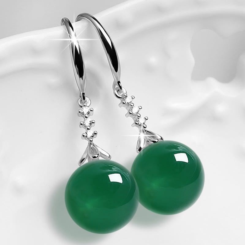 Khuyên tai dáng dài mặt bạc đính hạt ngọc chalcedony nhiều màu sắc