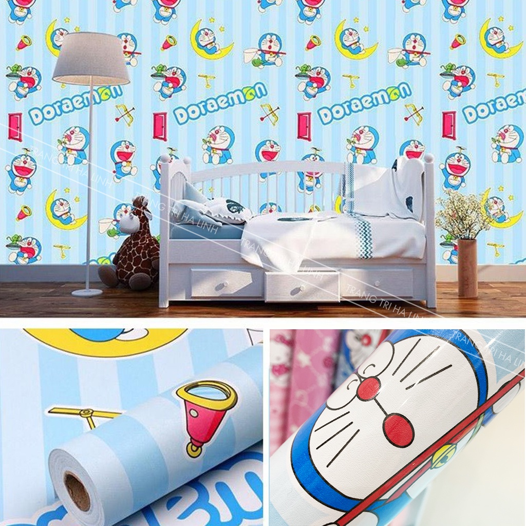 Giấy dán tường hoạt hình 3d doraemon hello kitty cho trẻ em , decal doremon dán phòng ngủ sẵn keo chống thấm nước