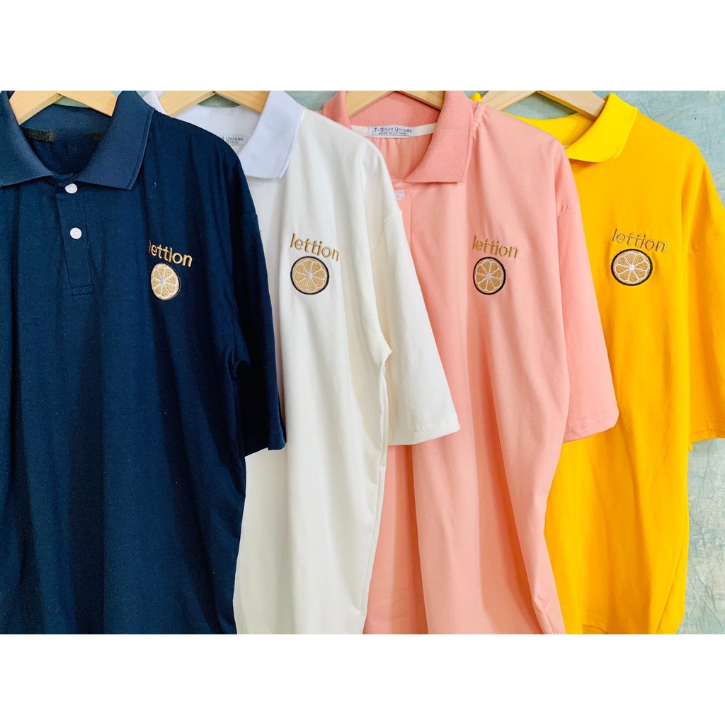 Áo thun polo phom rộng tay lỡ Unisex thêu trái cây