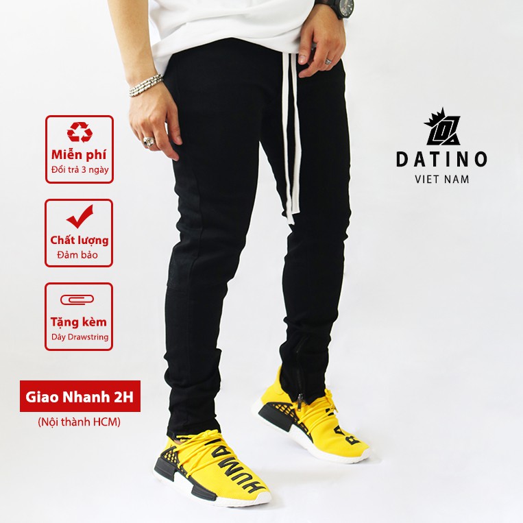 Quần jean nam Streetwear DATINO màu đen trơn form Skinny co giãn ống khóa Zipper, bền màu