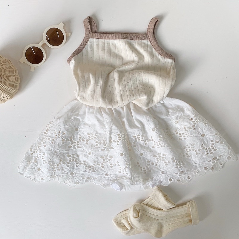 Set chân váy thô thêu kèm áo cotton gân xuất Hàn