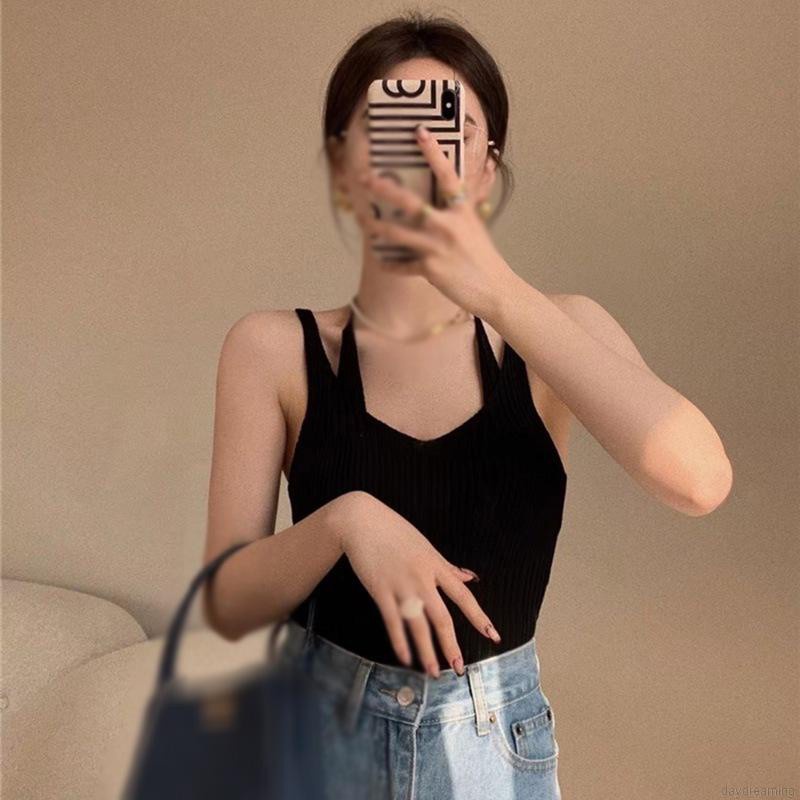 Áo Tank Top Dệt Kim Hai Dây Màu Trơn Dáng Ôm Gợi Cảm Cho Nữ