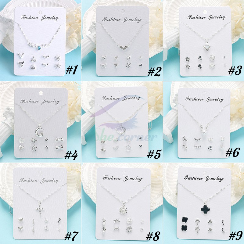 Set 4 đôi bông tai kèm 01 dây chuyền đính đá Hàn Quốc K65 màu bạc 12 kiểu dáng đáng yêu cho nữ