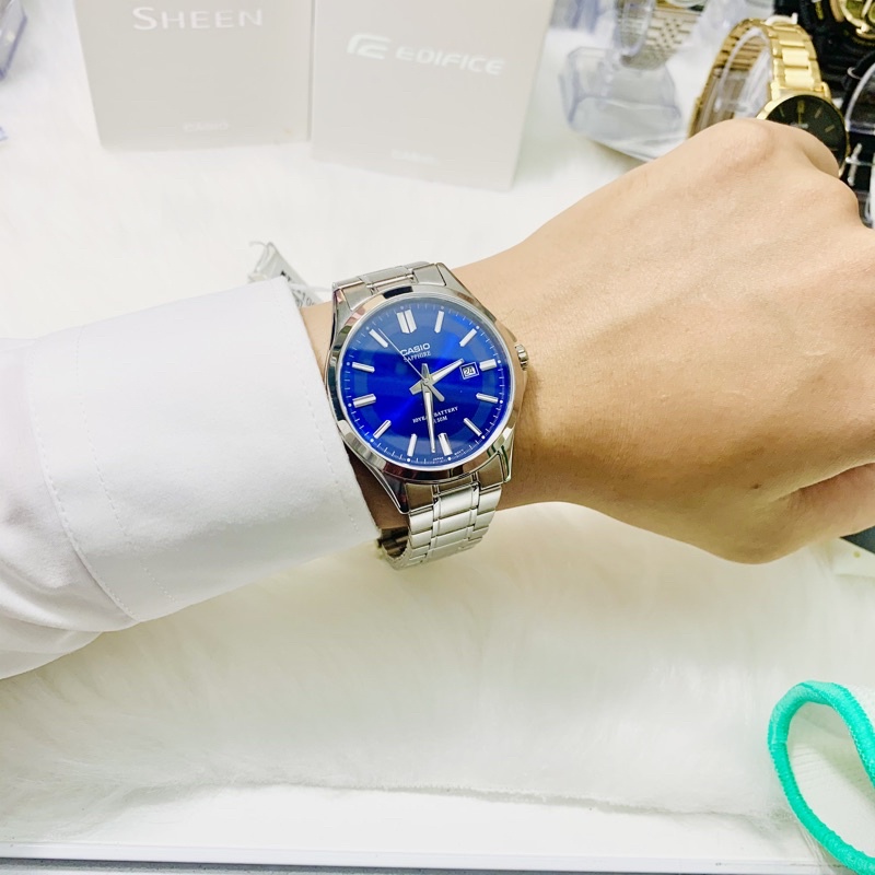 Đồng hồ nam dây thép mặt xanh Casio MTS 100D-2AV kính Sapphire - Pin 10 năm Bảo hành 1 năm Hyma watch