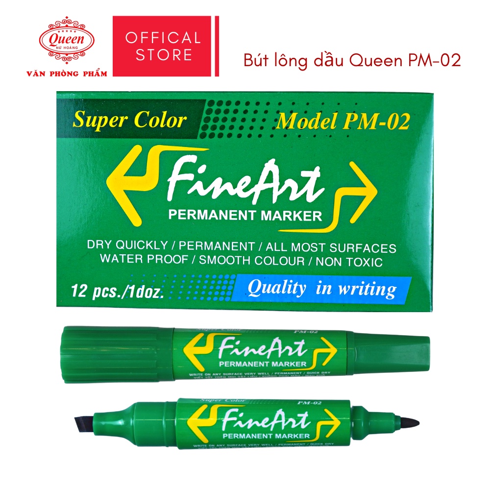 Bút lông dầu Queen  - CHÍNH HÃNG - Hai Đầu Vuông Tròn - Màu Xanh Dương/Đen/Đỏ/Xanh Lá/Hồng Sen - PM02