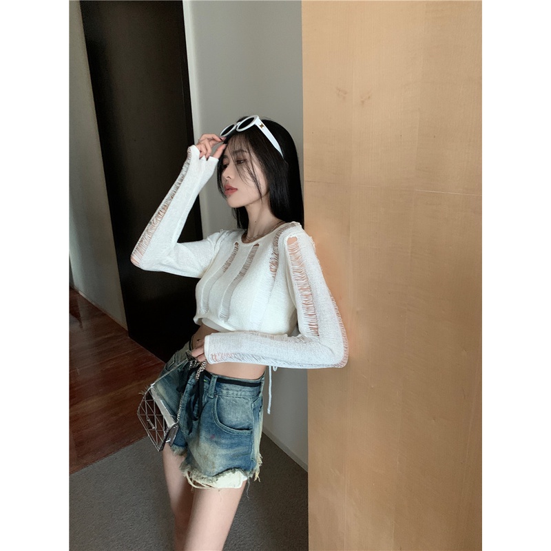 Áo Dệt Kim Tay Dài Màu Đen Dáng Ngắn Thời Trang Mùa Hè Quyến Rũ Cho Nữ