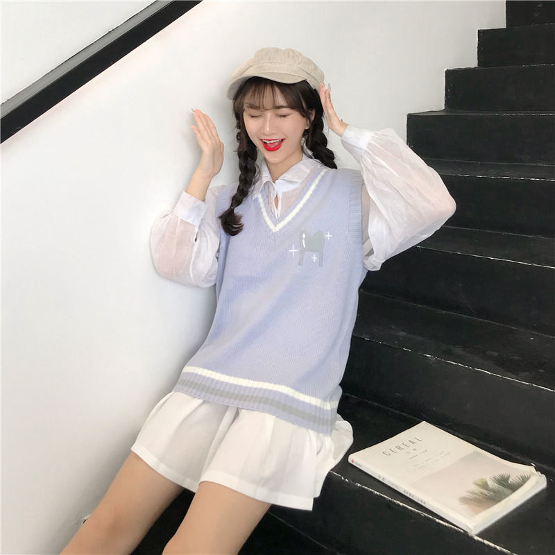 Áo Sweater Dệt Kim Không Tay Cổ Chữ V Thêu Hoạ Tiết Hoạt Hình Cho Sinh Viên