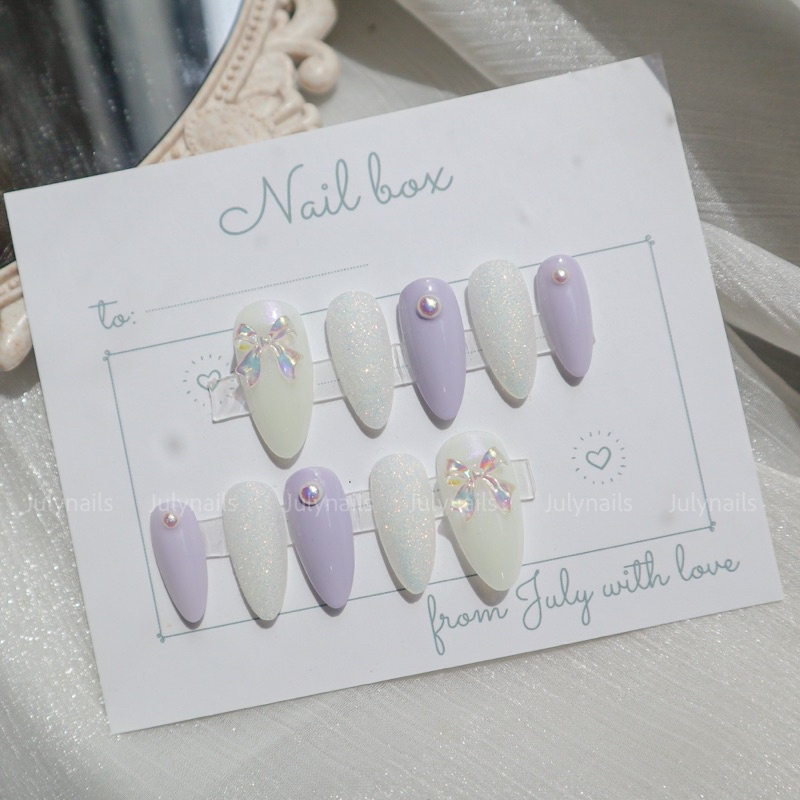 Móng úp thiết kế màu pastel đính nơ thuỷ tinh julynails.vn nb151