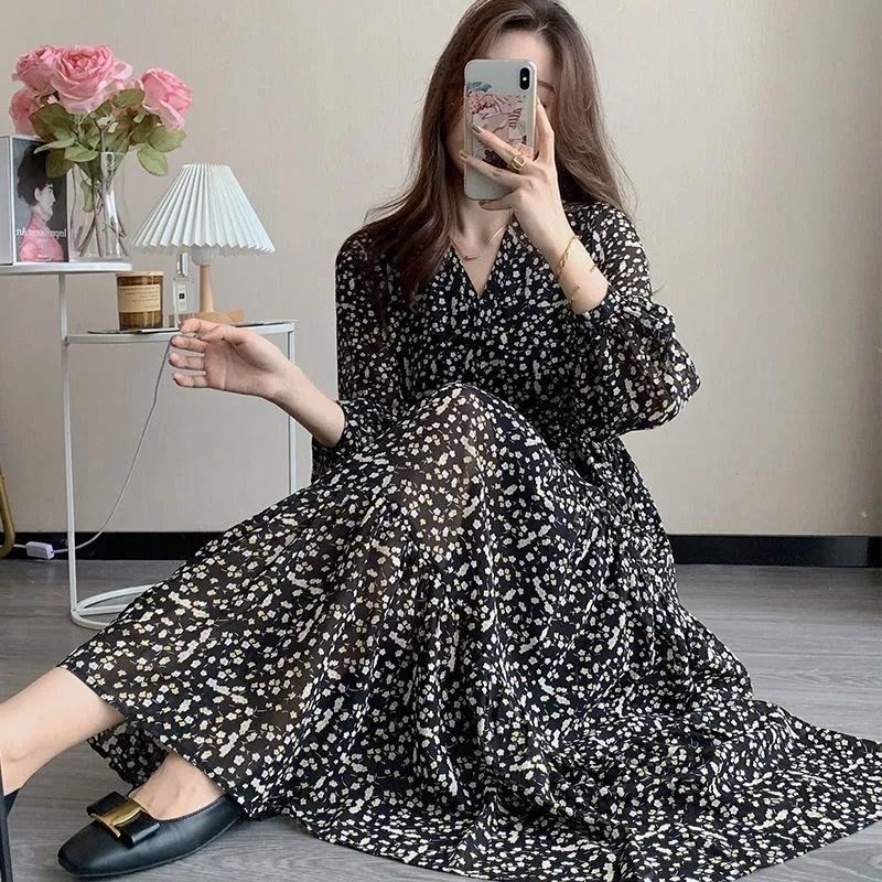 Đầm chiffon ZHELIHANGFEI ôm dáng in họa tiết hoa xinh xắn thời trang cho nữ