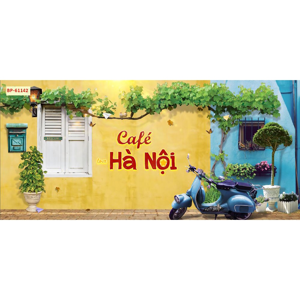 Tranh dán tường Quán Cafe, Trà Sữa, Trang Trí Cửa Hàng 3D tặng keo và dụng cụ dán