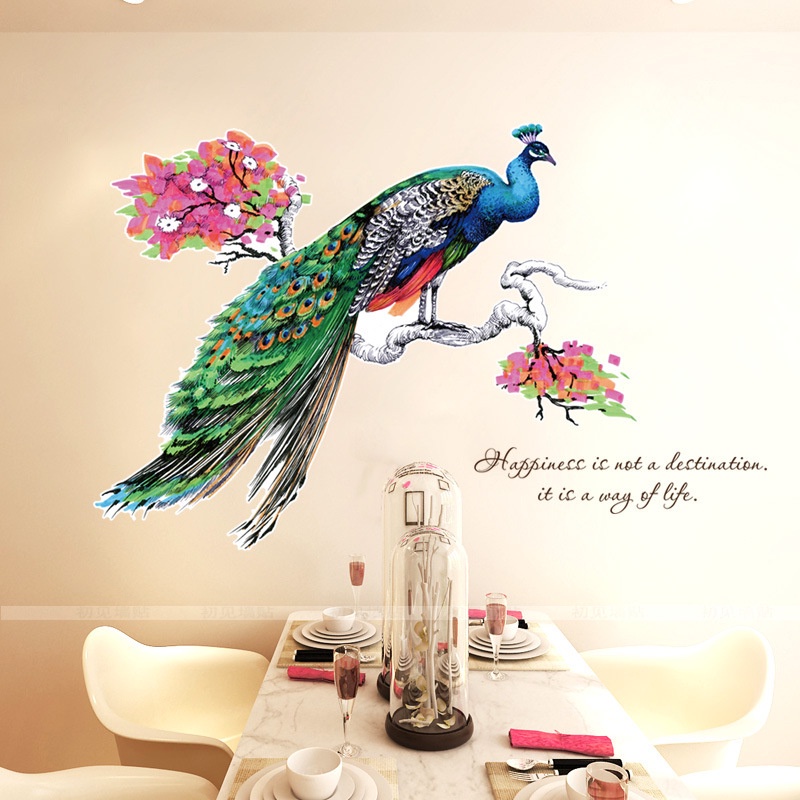 Tranh dán tường 3D hình chim công hạnh phúc KT 100x85cm, DECAL trang trí siêu rẻ