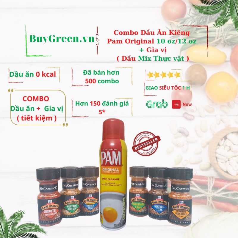 [Combo Tiết Kiệm] 10 oz - 12 oz  Dầu ăn kiêng Pam original ( thực vật ) + gia vị Ăn Kiêng 0 calories