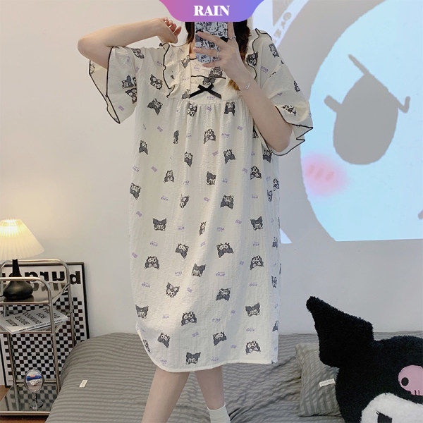 Đầm Ngủ Nhún Bèo In Họa Tiết Hoạt Hình Sanrio Kuromi Dễ Thương Thời Trang Mùa Hè Cho Nữ