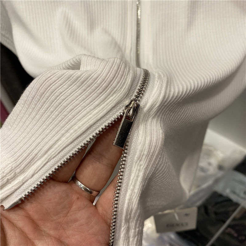 COZOK Áo Thun Ngắn Tay Lưng Cao Dáng Ôm Phối Khóa Kéo Đôi Cá Tính