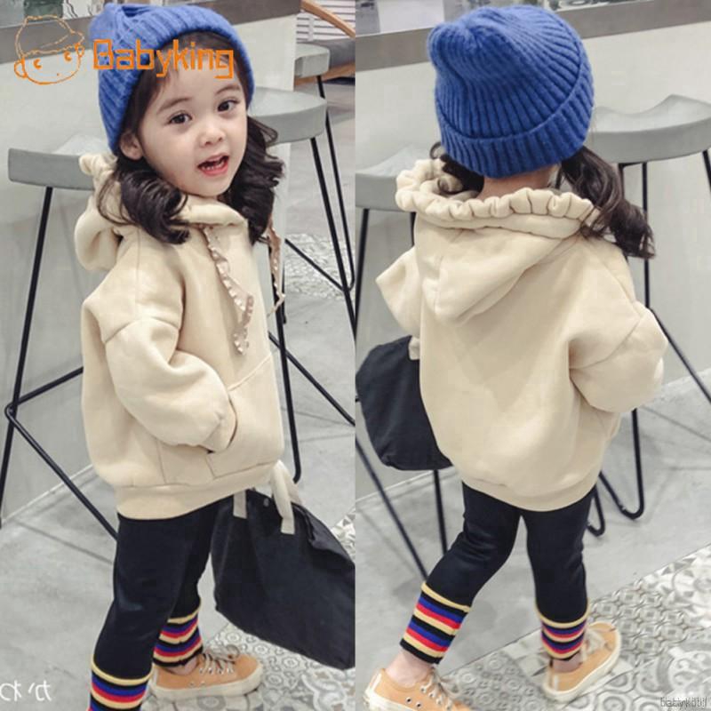 BABYKING Girls Fleece Thickening Hooded Sweater Solid Color Princess Cute Casual Long Sleeve Tops