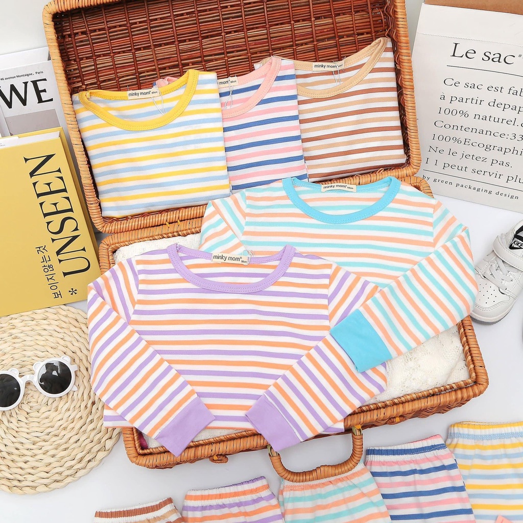 Bộ dài tay Minky phối sọc size 80-120 thun lạnh pha cotton nhiều họa tiết cho bé