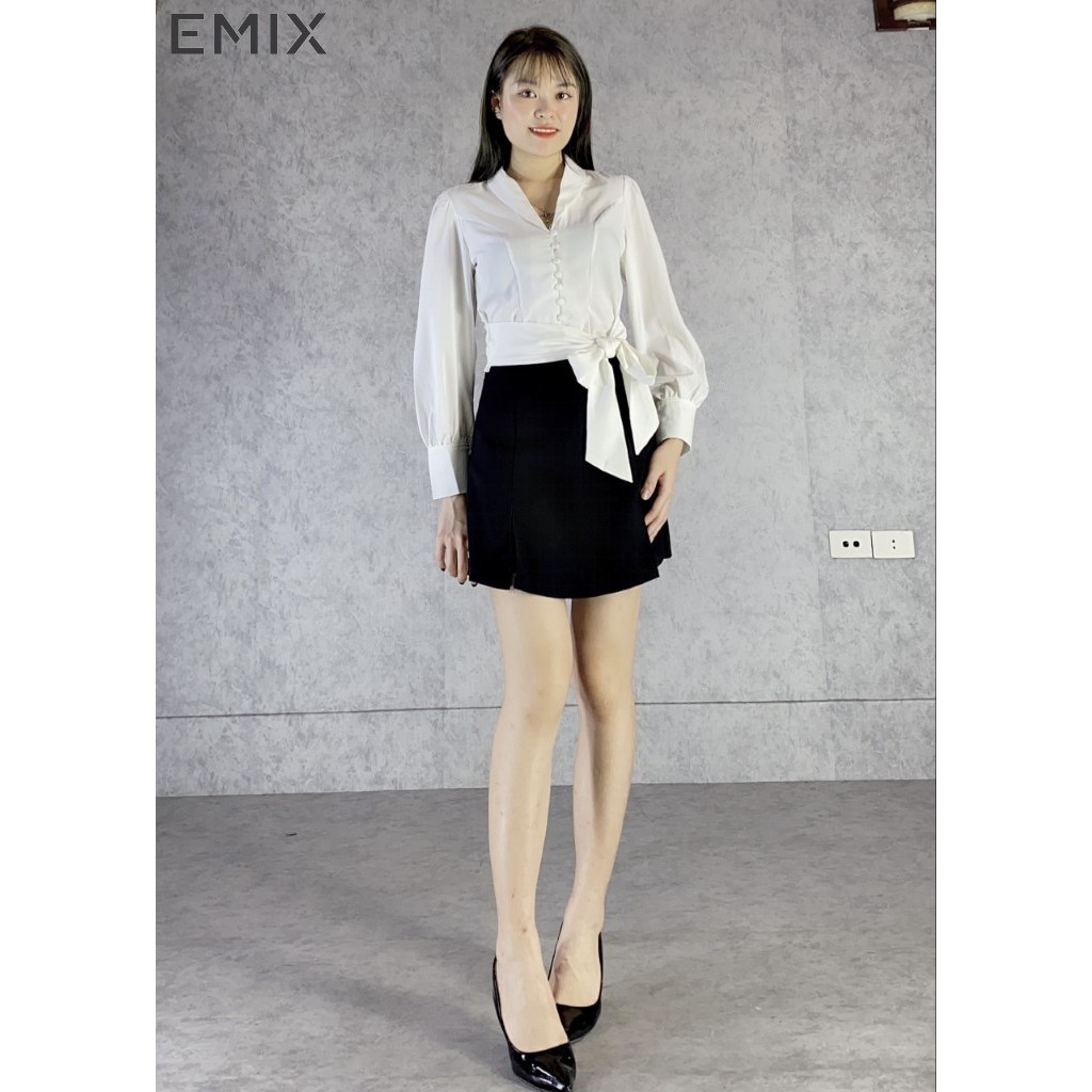 Áo croptop cúc bọc buộc nơ EMIX (màu trắng), dáng ngắn, cổ vest, dài tay, chất lụa mềm mại, không nhăn