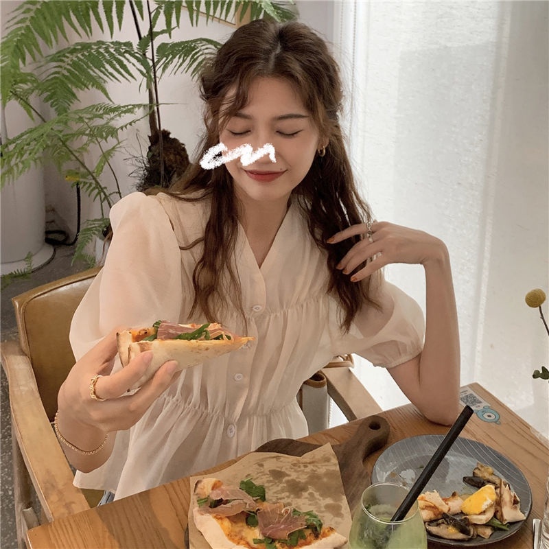 Áo Kiểu Tay Phồng Ngắn Cổ Chữ V Form Rộng Phong Cách Hàn Quốc