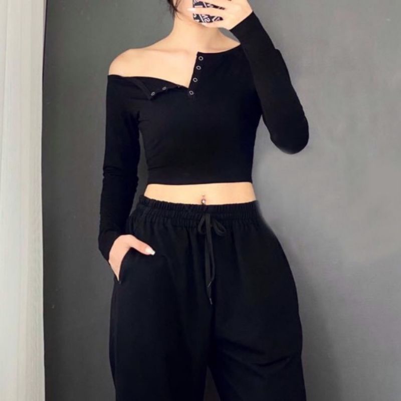 ÁO BẤM TAY DÀI A4 CROPTOP - thun gân co giãn