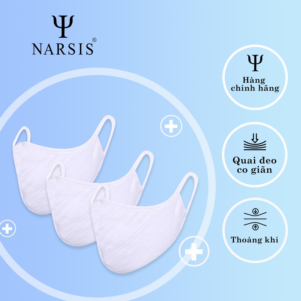 Set 3 chiếc khẩu trang cao cấp màu trắng Narsis KH0016E chất liệu vải Cotton không bám bụi