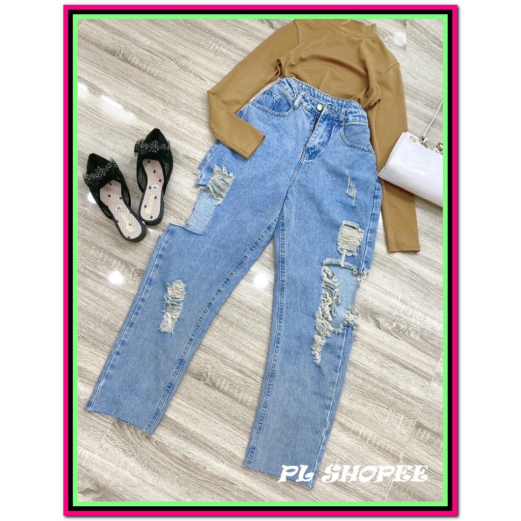 Quần jean nữ BAGGY RÁCH HỞ HAI ĐÙI siêu bụi siêu đẹp xanh nhạt br-61