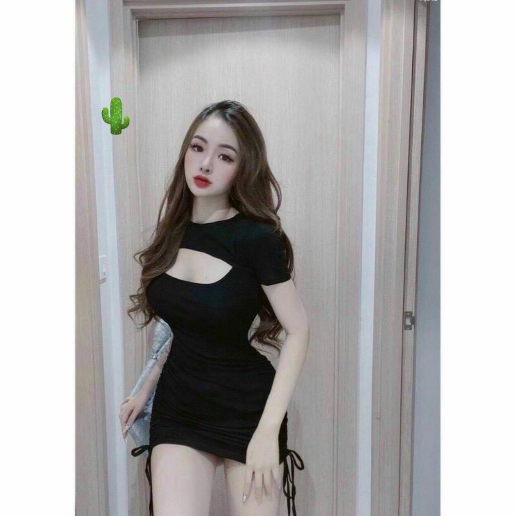 đầm ôm borip rút dây khoét ngực cổ tròn ngắn tay