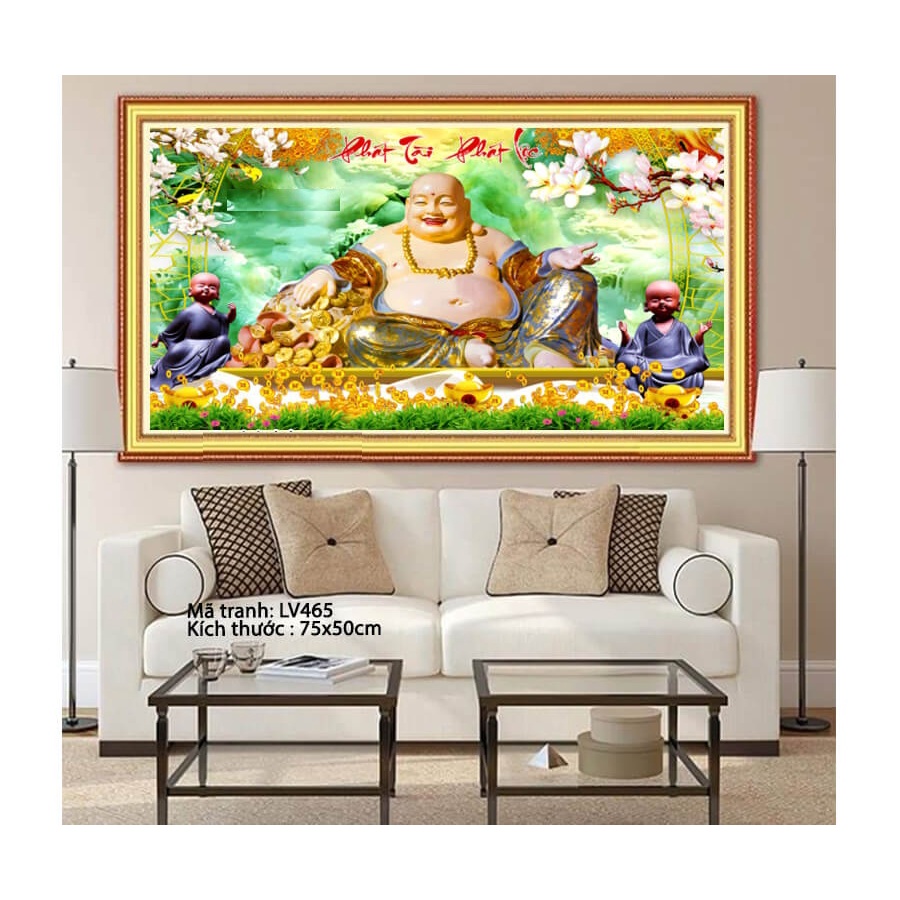 Tranh gắn đá phật di lạc KT:50x70cm, tranh đính đá chưa đính.