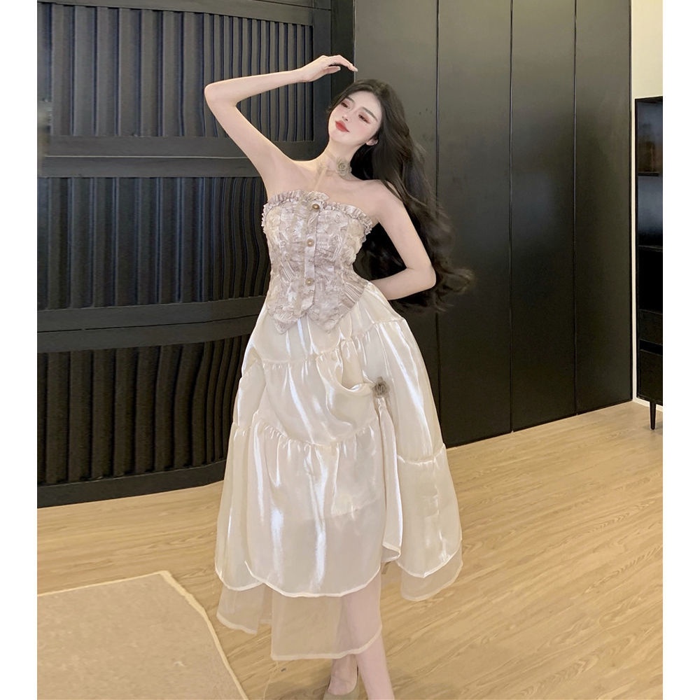 Đầm Ống Lửng Phối Lưới Màu Trơn Phong Cách Pháp Thời Trang Mùa Hè Cho Nữ