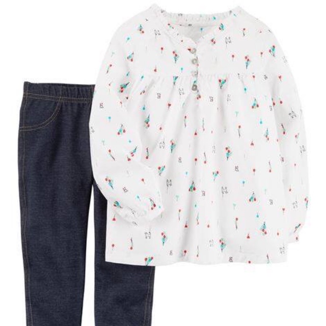 Set áo sơmi quần giả jean bé gái 12M Carter's