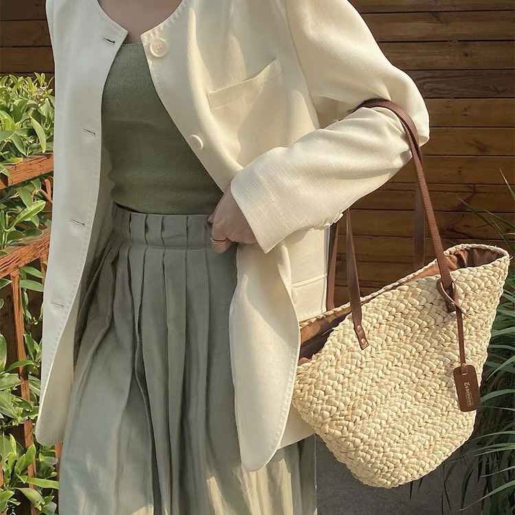 Túi Xách Cói Tote Đeo Vai Cocoqueen Cỡ Lớn Hình Thang Vintage Dây Da