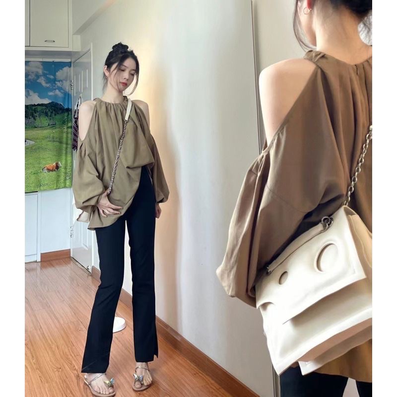 ÁO KHOÉT VAI DÀI TAY MÀU NÂU DÁNG RỘNG TIỂU THƯ