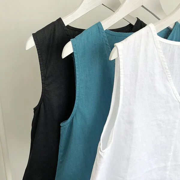 V-cổ cotton linen vest nữ văn học lỏng lẻo trông mỏng hơn vest phiên bản hàn quốc su màu áo ghi lê đơn giản t-shirt nữ hàng đầu