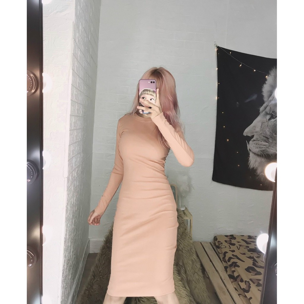 đầm thun trơn tay dài ôm body kiểu dáng đơn giản xinh xắn