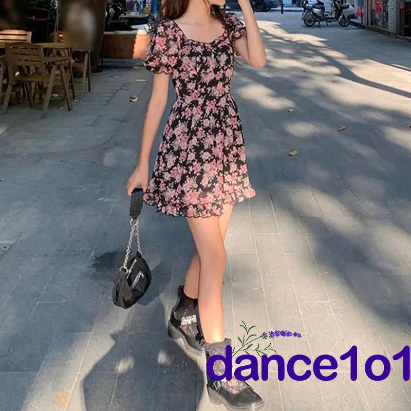 Đầm mini cổ vuông tay ngắn phồng eo cao thời trang mùa hè cho nữ