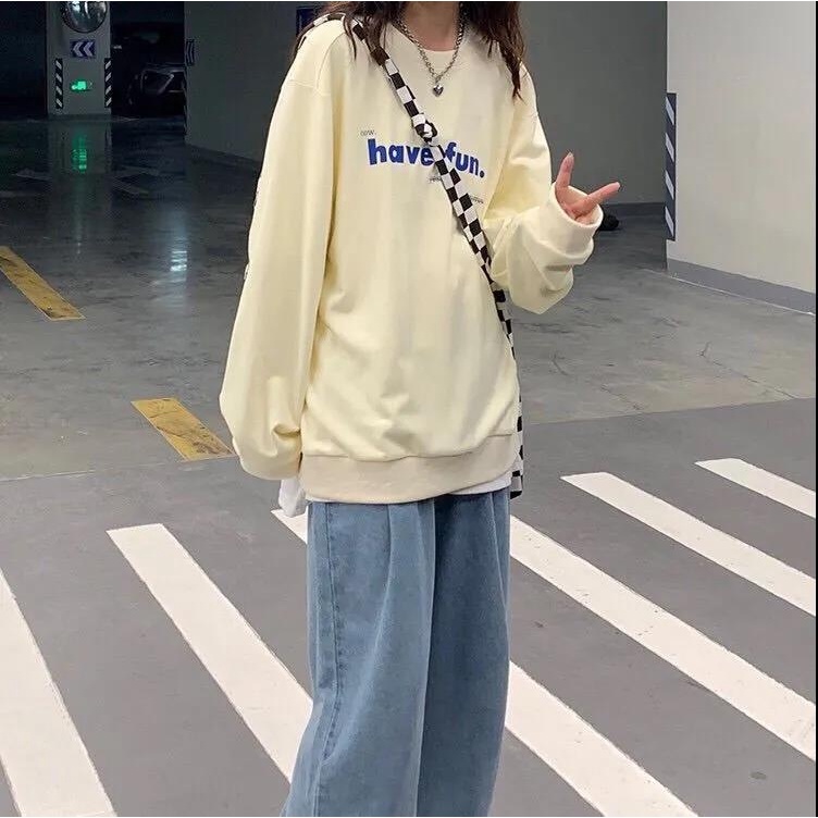 【ZHELIHANGFEI】Áo Thun Nỉ Tay Dài Dáng Rộng In Chữ Trẻ Trung Năng Động Hợp Thời Trang