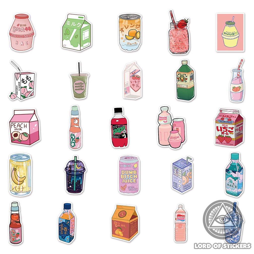 Set 50 Hình Dán Dễ Thương Phong Cách Nhật Bản Soft Drink Sticker Cute Chống Thấm Nước Trang Trí Mũ Bảo Hiểm, Laptop, Sổ