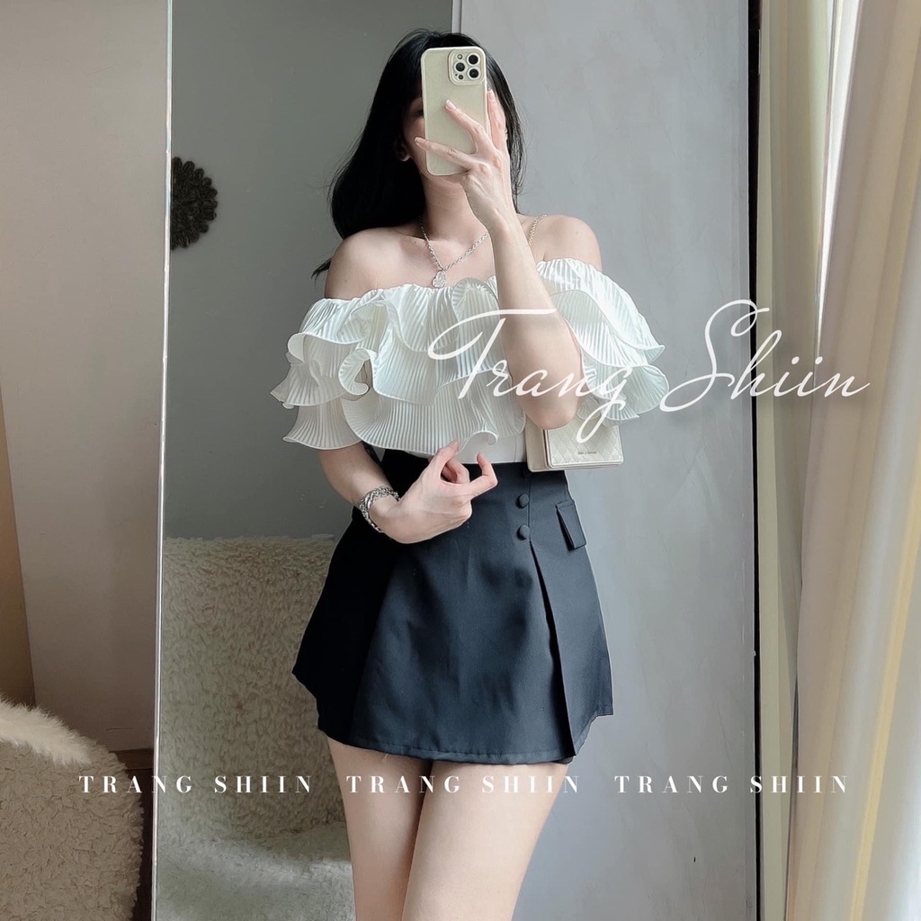 Set sơ mi bèo trễ vai chân váy ngắn siêu hot DN265