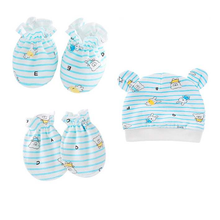 Set mũ bao tay bao chân sơ sinh cotton, set nón bao tay bao chân