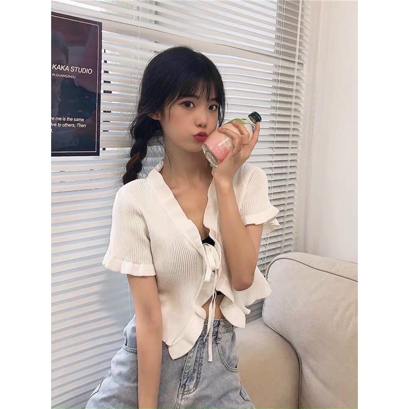 Áo len mỏng viền bèo cột dây sexy