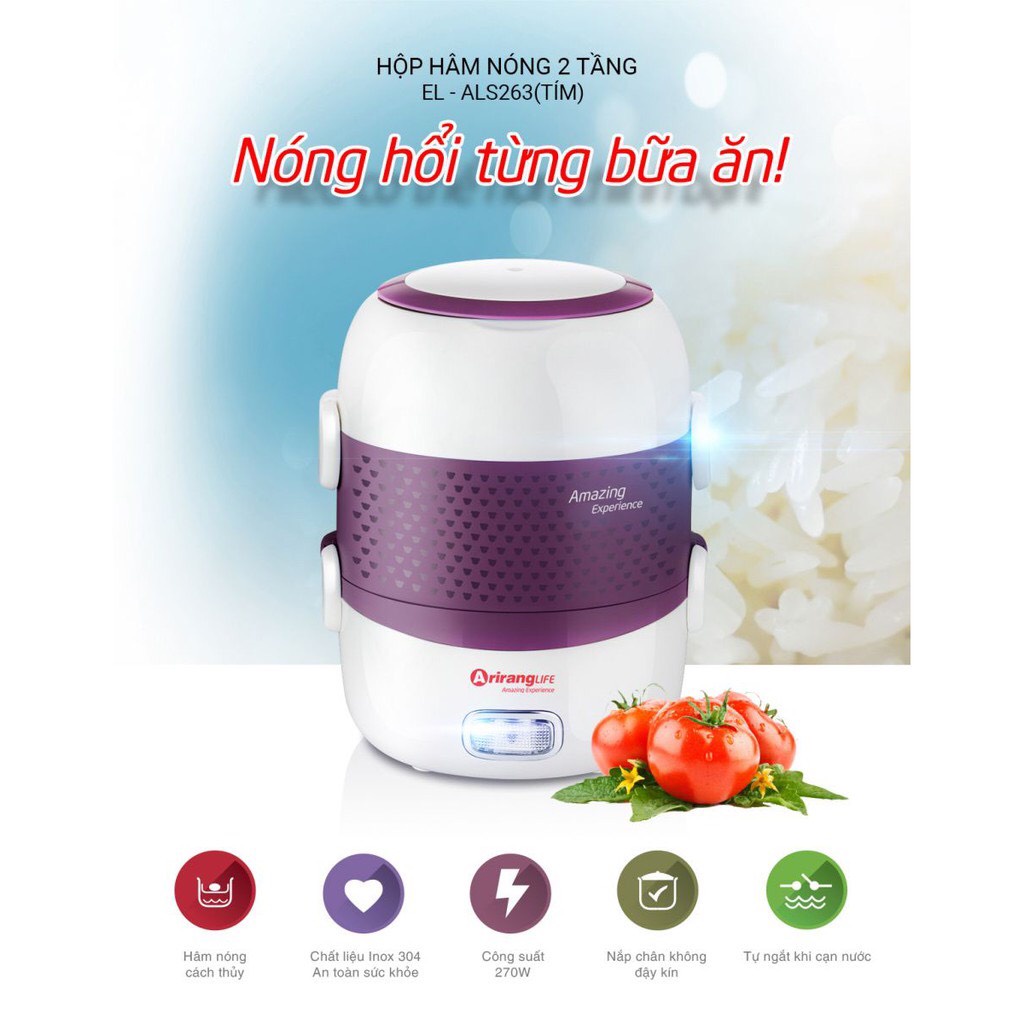 Hộp cơm cắm điện - Hộp hâm nóng cơm 2 tầng ArirangLife EL-ALS263, nấu chín và hâm nóng đồ ăn,bảo hành chính hãng 1 năm