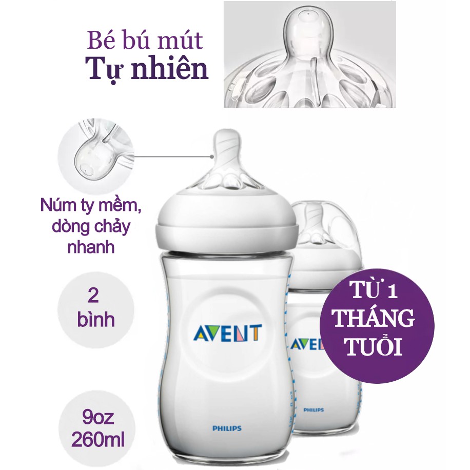 Combo 2 bình sữa Philips Avent bằng nhựa không có BPA (Bình 260ml) thiết kế mô phỏng tự nhiên SCF693/23