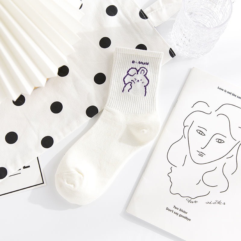 Set 5 đôi tất nữ cổ cao màu trắng, họa tiết khủng long, chất liệu cotton, thấm hút mồ hôi TT82