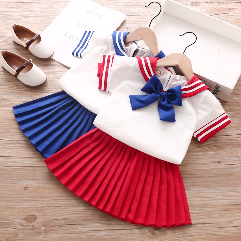 Set đồng phục LUCKYCANDY gồm áo kiểu tay ngắn cổ thủy thủ và chân váy xếp ly lưng cao thời trang mùa hè mới cho bé gái