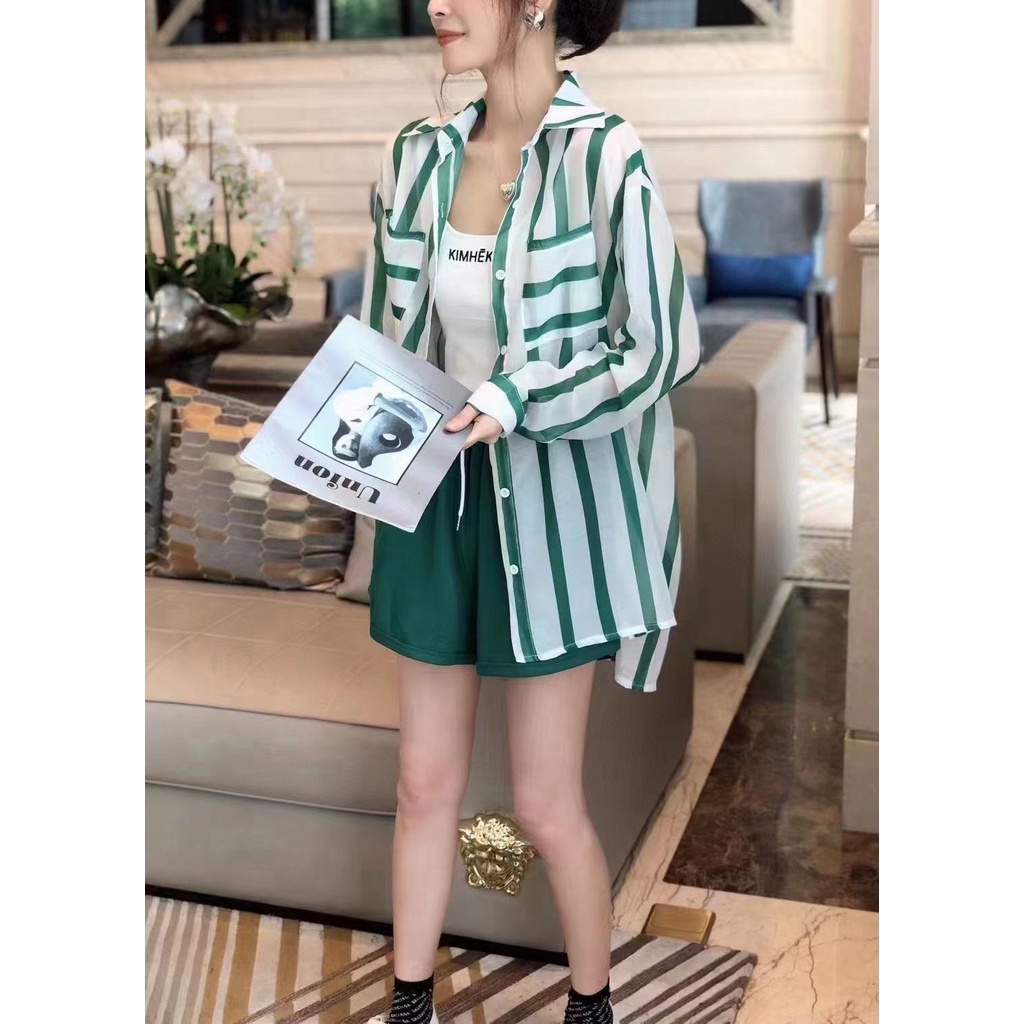 Áo Sơ Mi Tay Dài Kẻ Sọc Thời Trang Mùa Hè Cho Nữ