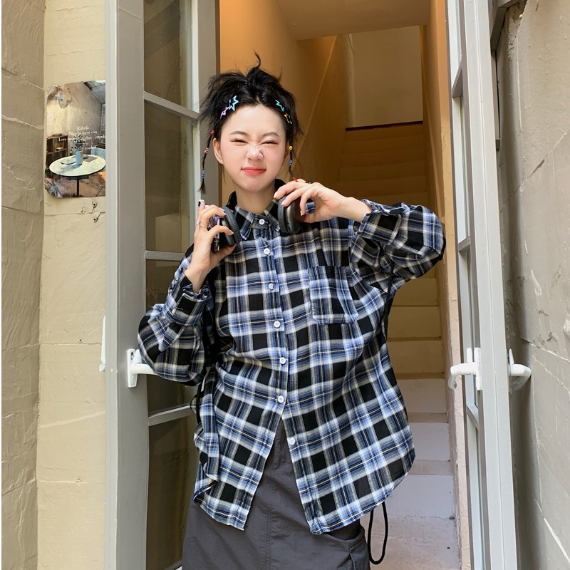 SUXI Áo Sơ Mi Tay Dài Dáng Rộng Họa Tiết Kẻ Sọc Phong Cách Hàn Quốc Thời Trang Mùa Hè Cho Nữ