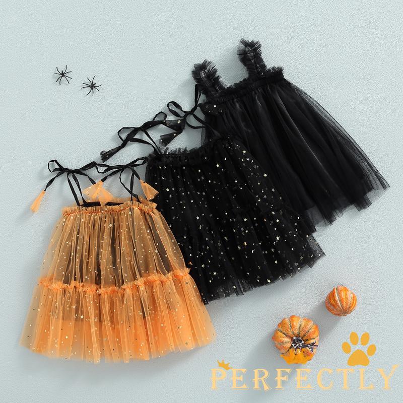 Đầm Hóa Trang Halloween Không Tay Vải Tuyn Màu Trơn Đính Kim Sa Ngôi Sao Lấp Lánh Cho Bé Gái
